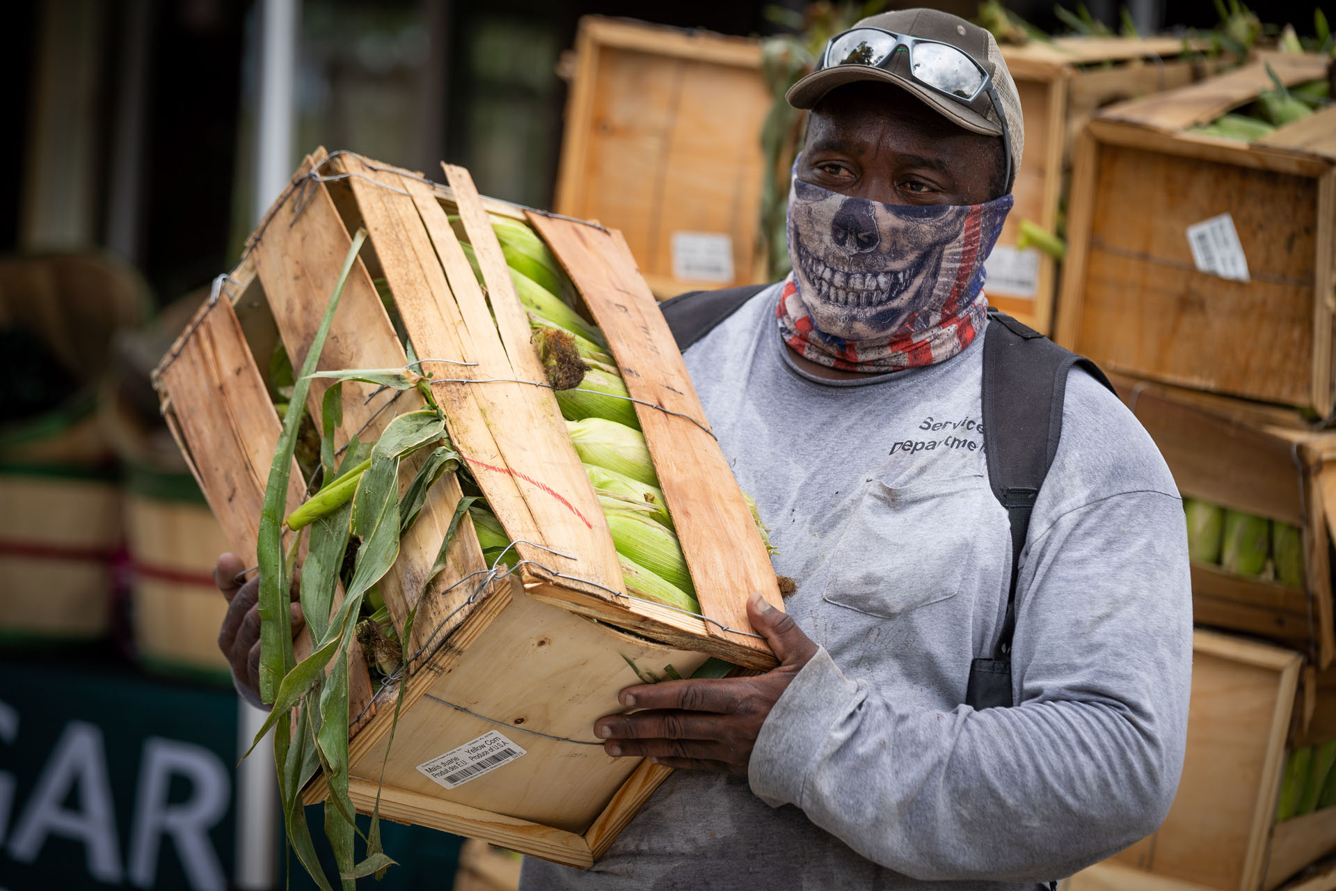 Picture of a gentleman wearing a mask carrying a crate of corn.